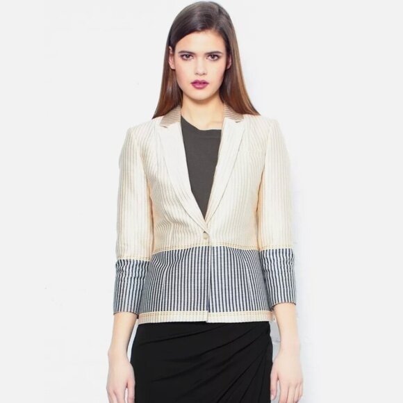 Elizabeth & James Hazel Tan and Navy Blazer Jacket Textured Woven Women's Size 8 - Picture 1 of 11